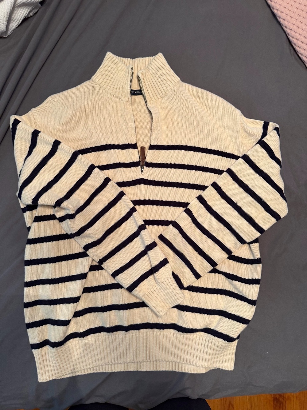 Brandy Melville Cream & Black Striped Half-Zip Sweater